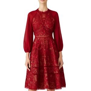 Marchesa Notte Wine Red Lace Fit Flare Midi Dress Size 10 Romantic Designer $795